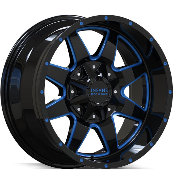 Insane Off-Road IO-04 Gloss Black with Blue Milled Spokes
